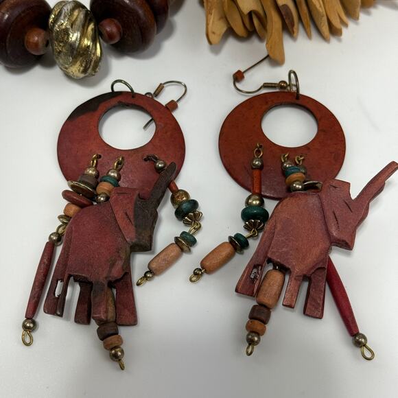 Lot of 6 Vtg Wood Carved Safari Animal Bead Necklace & Earrings Elephant Giraffe - Picture 8 of 16